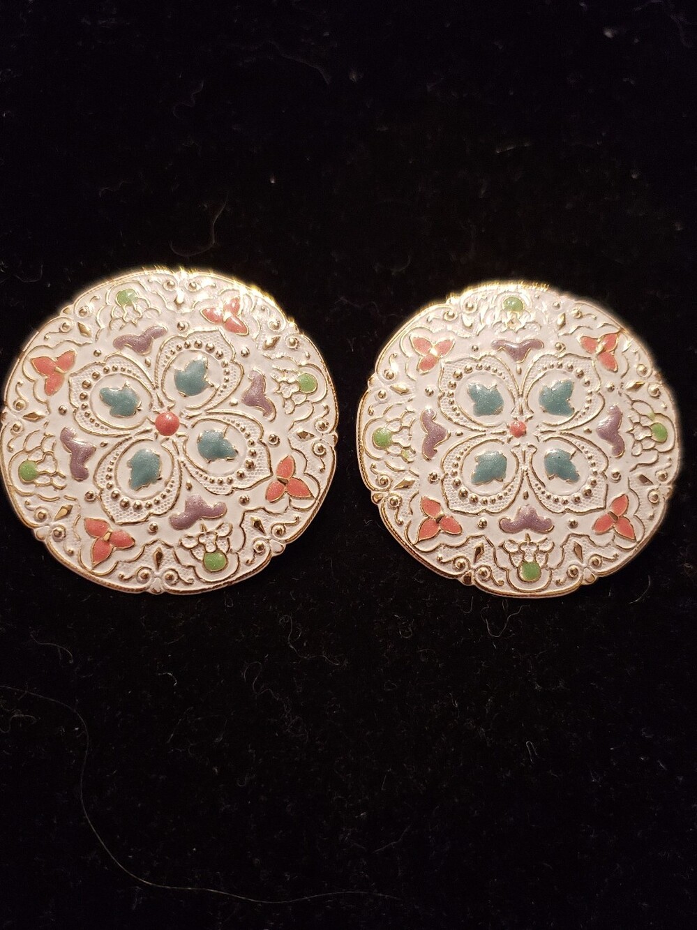 Vintage Enamel Floral & Filigree Post Earrings White W/ Pastel Flowers Gold Back